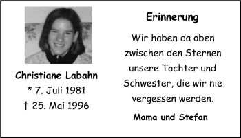 Traueranzeige von Christiane Labahn von Tageszeitung