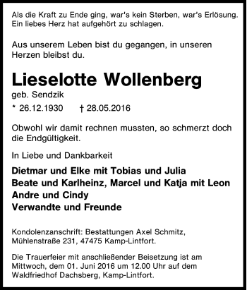 Traueranzeige von Lieselotte Wollenberg von Tageszeitung