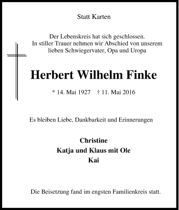Traueranzeige von Herbert Wilhelm Finke von Tageszeitung