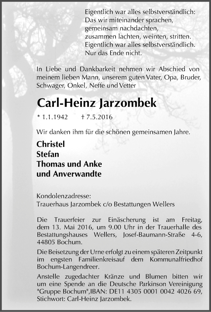  Traueranzeige für Carl-Heinz Jarzombek vom 11.05.2016 aus Tageszeitung