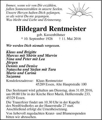 Traueranzeige von Hildegard Rentmeister von Tageszeitung