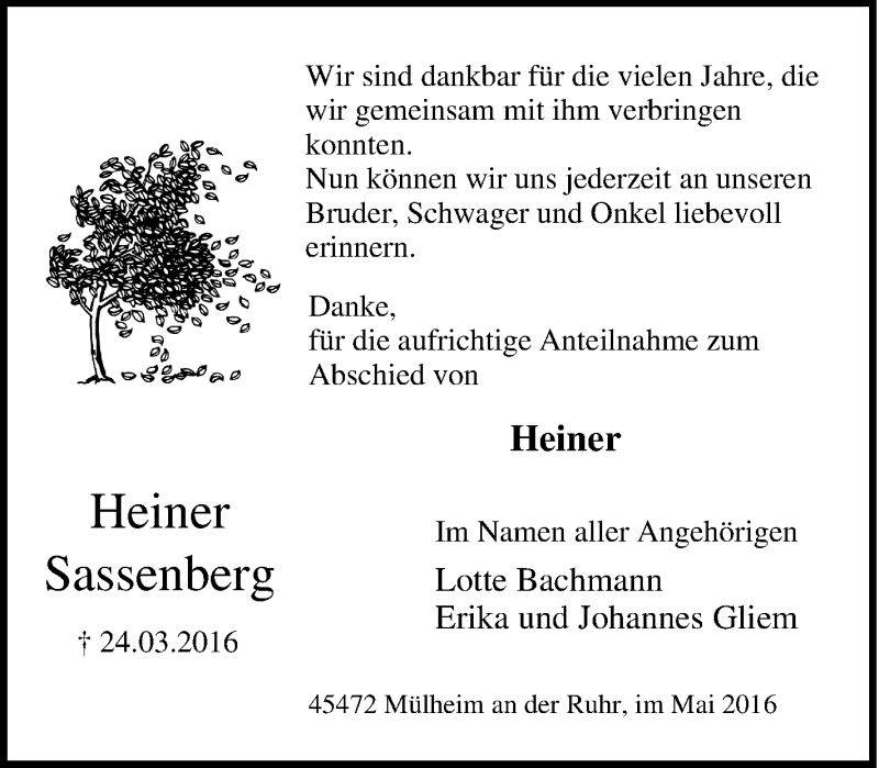  Traueranzeige für Heiner Sassenberg vom 21.05.2016 aus Tageszeitung