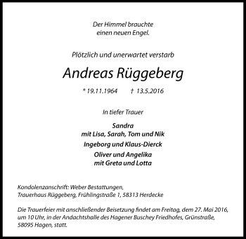 Traueranzeige von Andreas Rüggeberg von Tageszeitung