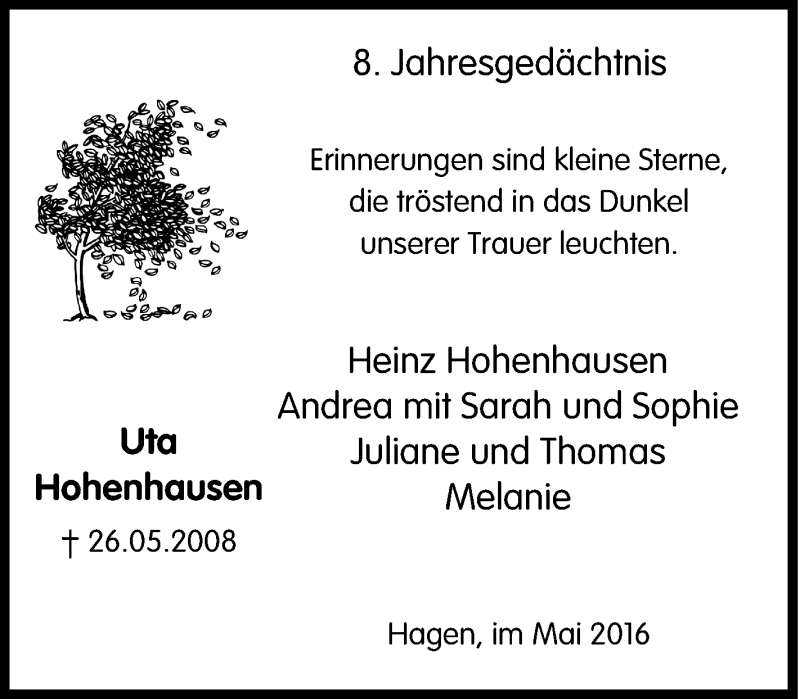  Traueranzeige für Uta Hohenhausen vom 26.05.2016 aus Tageszeitung