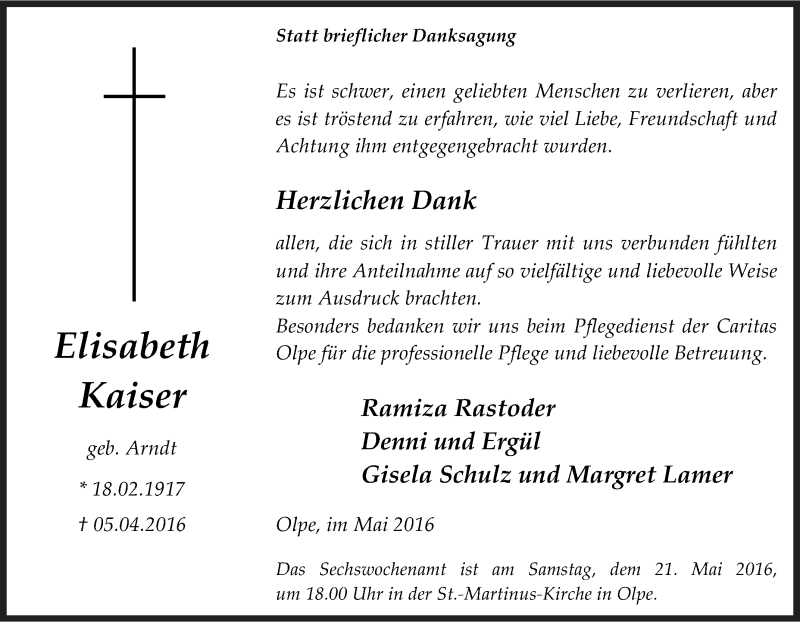 Traueranzeigen von Elisabeth Kaiser TrauerinNRW.de