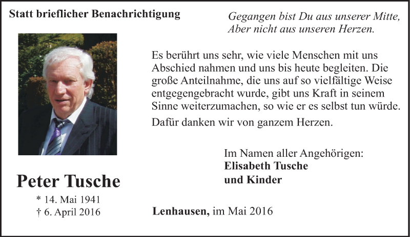 Traueranzeige für Peter Tusche vom 14.05.2016 aus Tageszeitung