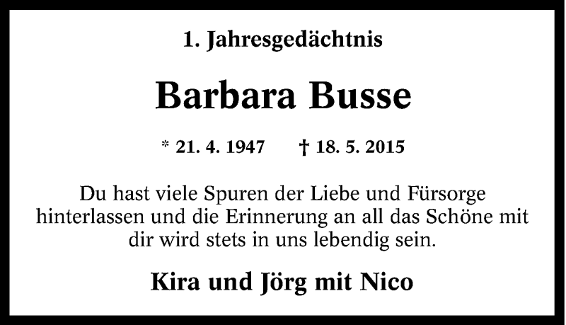  Traueranzeige für Barbara Busse vom 18.05.2016 aus Tageszeitung
