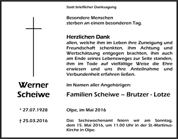Traueranzeige von Werner Scheiwe von Tageszeitung