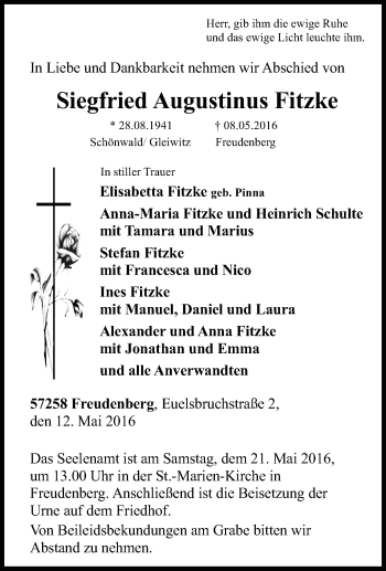 Traueranzeige von Siegfried Augustinus Fitzke von Tageszeitung