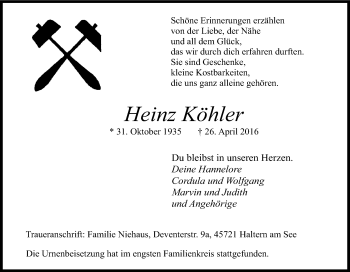 Traueranzeige von Heinz Köhler von Tageszeitung