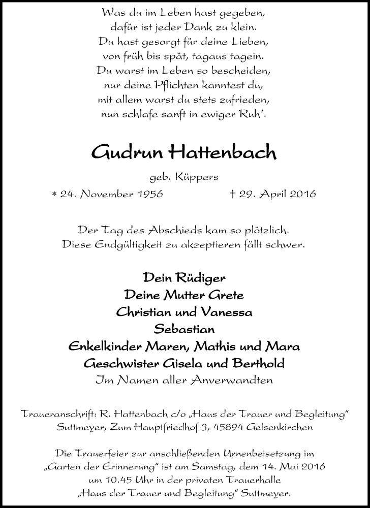  Traueranzeige für Gudrun Hattenbach vom 07.05.2016 aus Tageszeitung