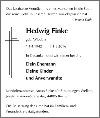 Traueranzeige von Hedwig Finke von Tageszeitung