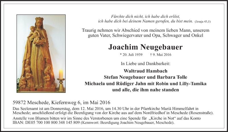  Traueranzeige für Joachim Neugebauer vom 10.05.2016 aus Tageszeitung