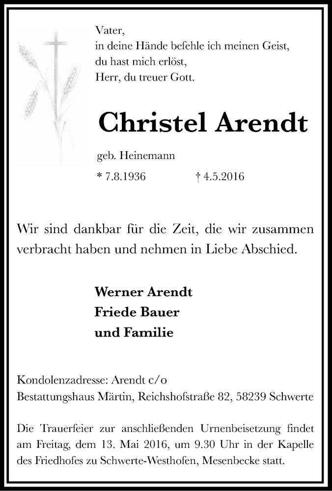  Traueranzeige für Christel Arendt vom 10.05.2016 aus Tageszeitung