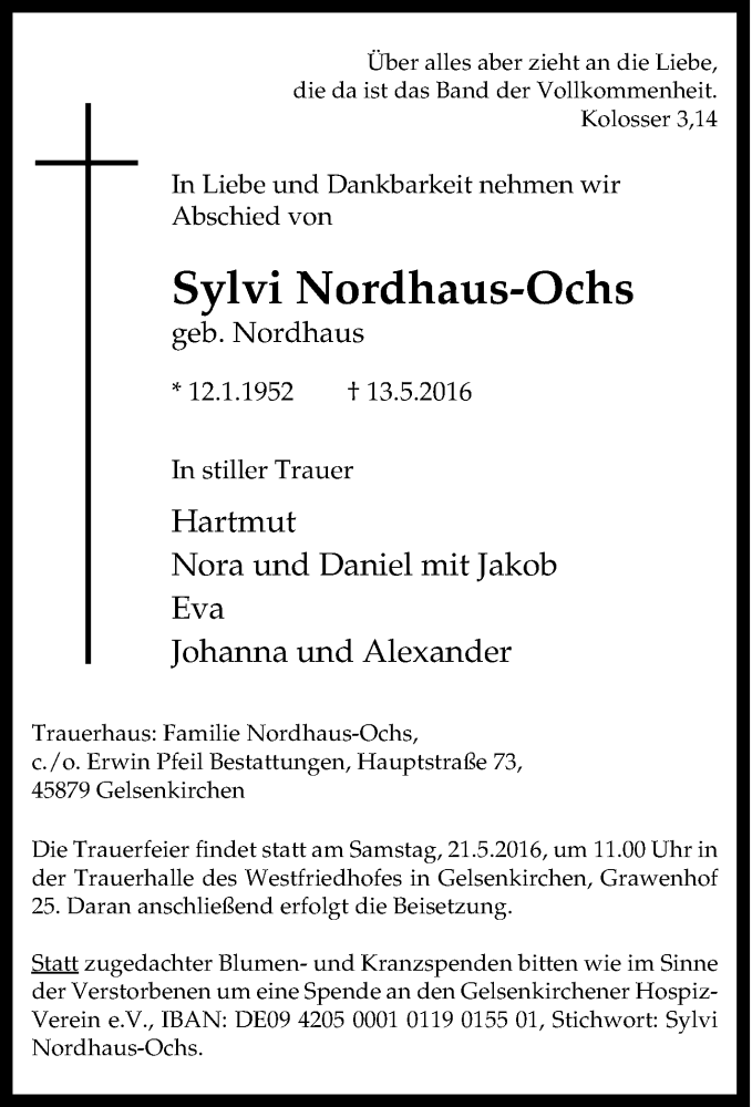  Traueranzeige für Sylvi Nordhaus-Ochs vom 18.05.2016 aus Tageszeitung