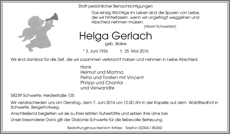  Traueranzeige für Helga Gerlach vom 28.05.2016 aus Tageszeitung