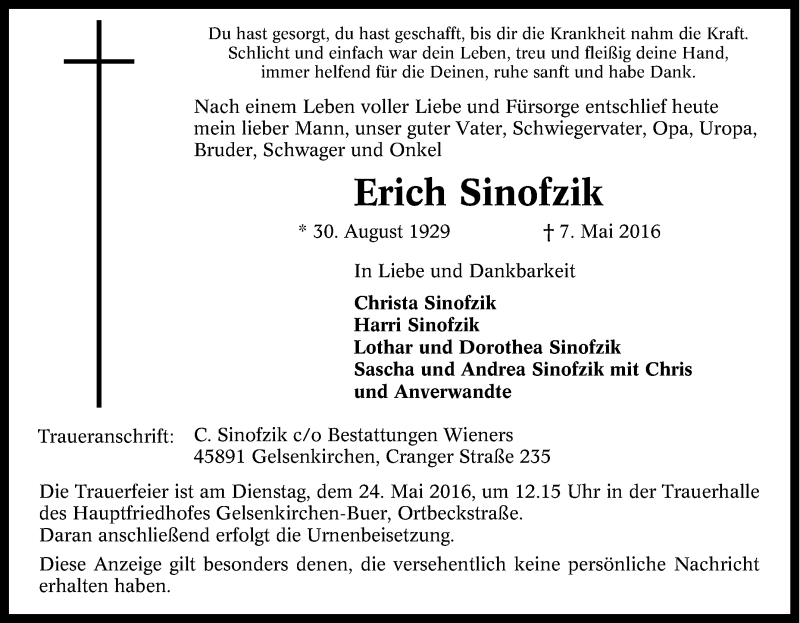  Traueranzeige für Erich Sinofzik vom 19.05.2016 aus Tageszeitung