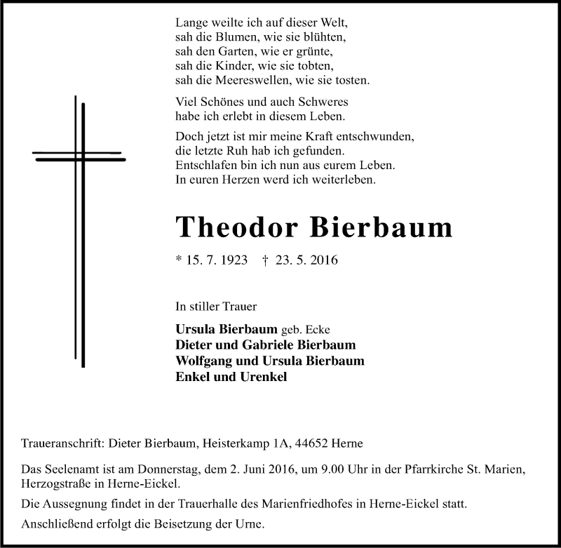  Traueranzeige für Theodor Bierbaum vom 28.05.2016 aus Tageszeitung