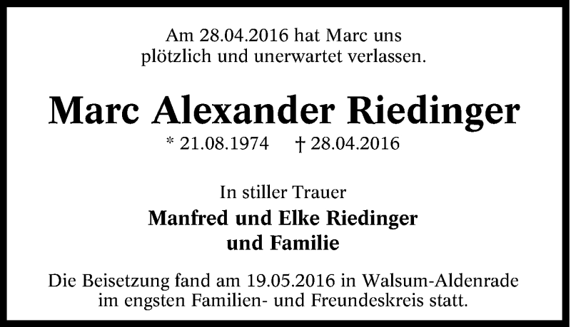  Traueranzeige für Marc Alexander Riedinger vom 23.05.2016 aus Tageszeitung