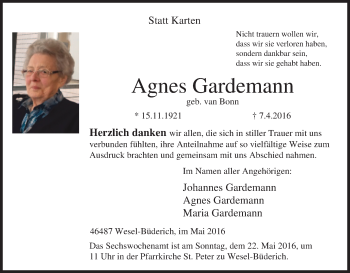 Traueranzeige von Agnes Gardemann von Tageszeitung