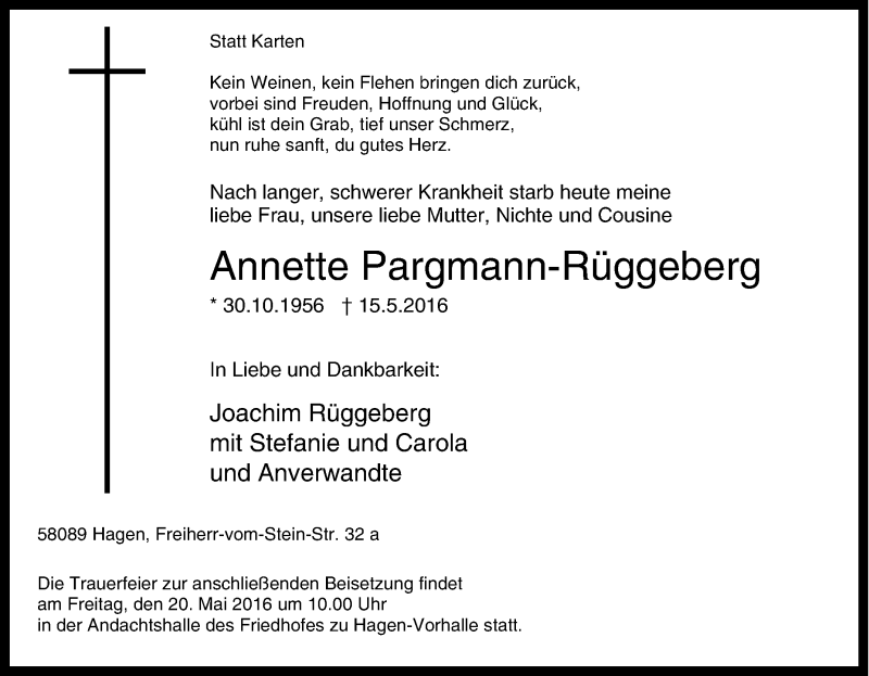 Traueranzeigen von PargmannRüggeberg TrauerinNRW.de