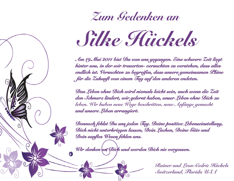  Traueranzeige für Silke Hückels vom 14.05.2016 aus Tageszeitung