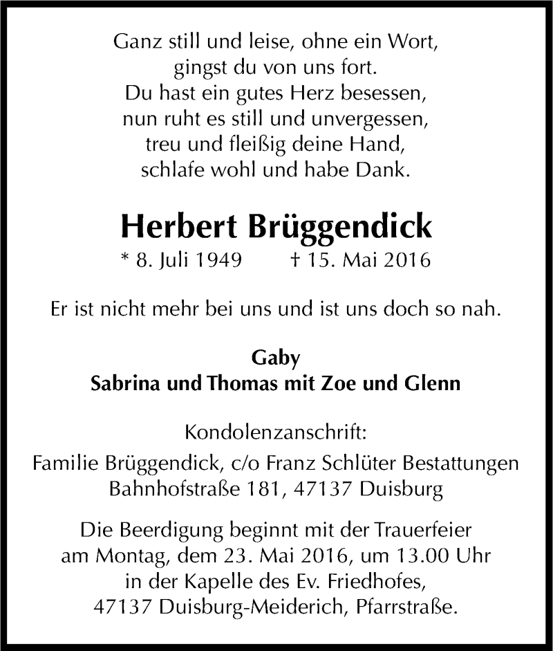  Traueranzeige für Herbert Brüggendick vom 19.05.2016 aus Tageszeitung