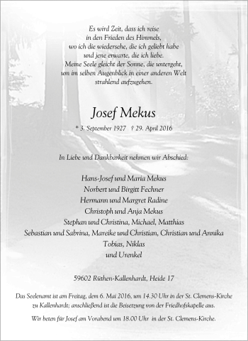 Traueranzeige von Josef Mekus von Tageszeitung