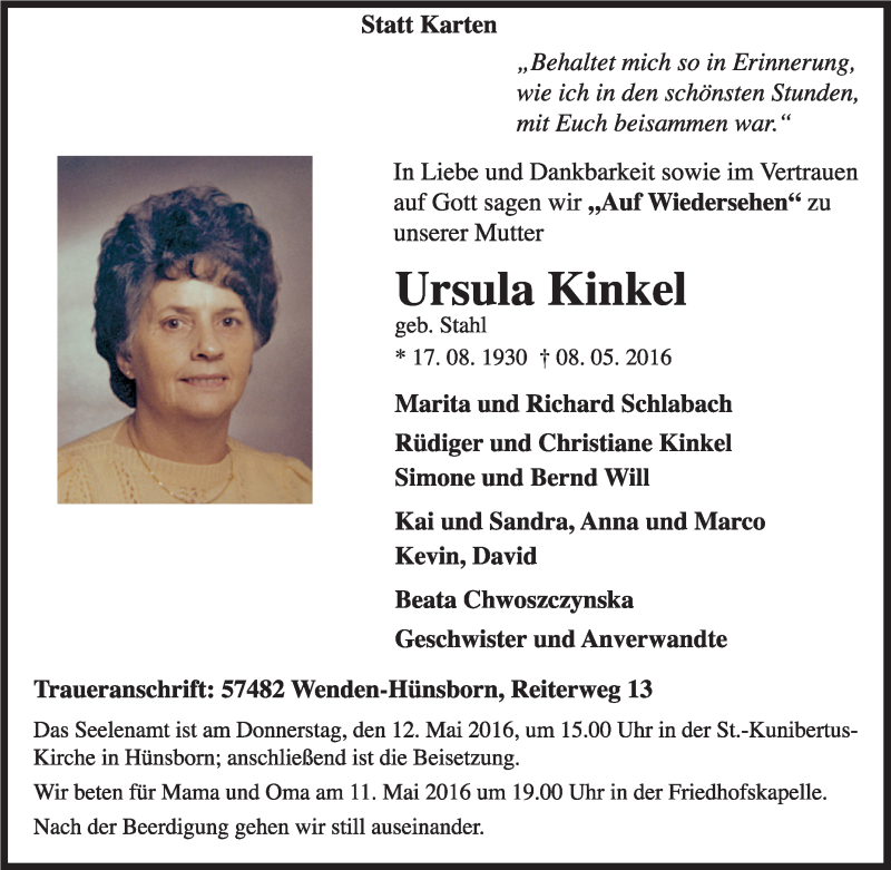  Traueranzeige für Ursula Kinkel vom 10.05.2016 aus Tageszeitung
