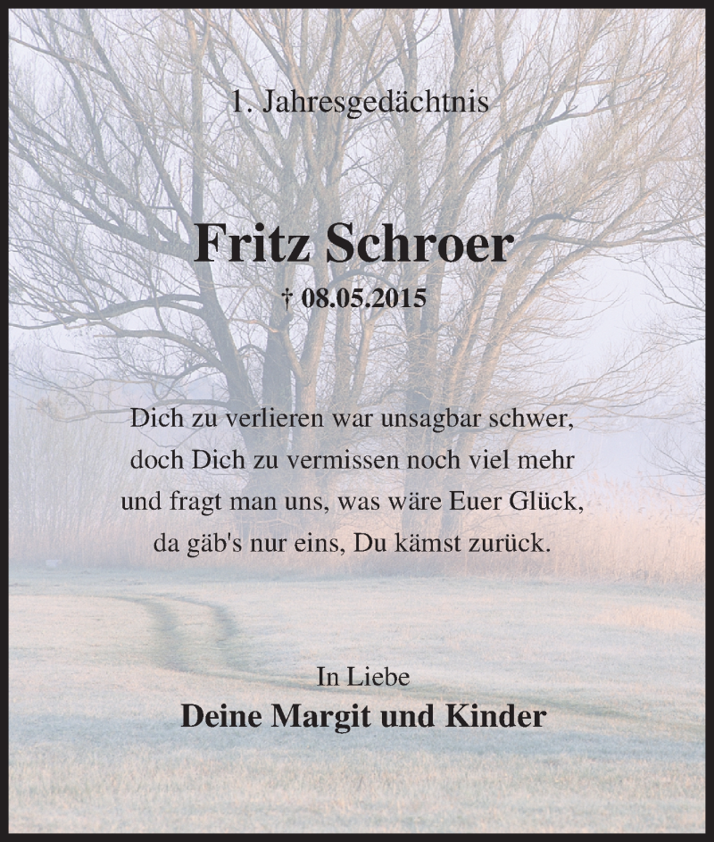 Traueranzeige für Fritz Schroer vom 07.05.2016 aus Tageszeitung