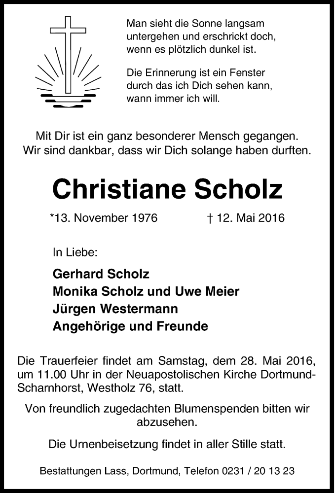  Traueranzeige für Christiane Scholz vom 21.05.2016 aus Tageszeitung