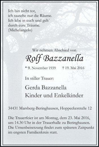 Traueranzeige von Rolf Bazzanella von Tageszeitung