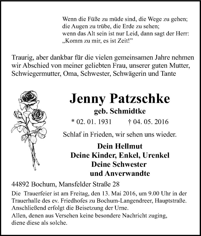  Traueranzeige für Jenny Patzschke vom 12.05.2016 aus Tageszeitung