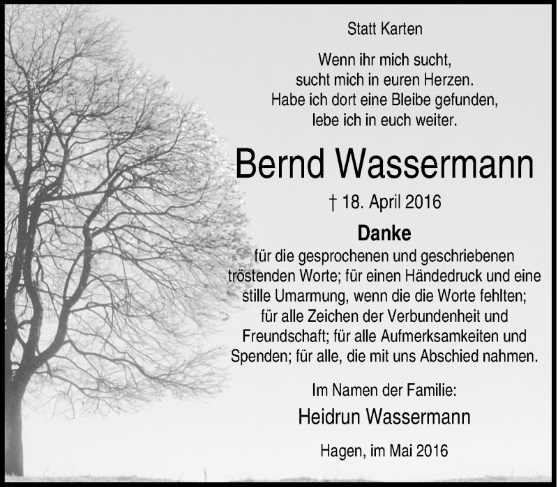  Traueranzeige für Bernd Wassermann vom 07.05.2016 aus Tageszeitung