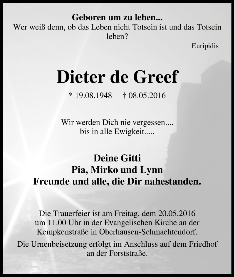  Traueranzeige für Dieter de Greef vom 18.05.2016 aus Tageszeitung