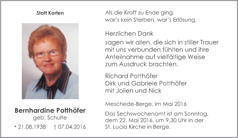 Traueranzeige für Bernhardine Potthöfer vom 14.05.2016 aus Tageszeitung