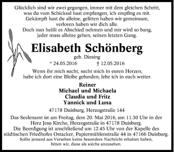 Traueranzeige von Elisabeth Schönberg von Tageszeitung