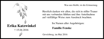 Traueranzeige von Erika Katzwinkel von Tageszeitung