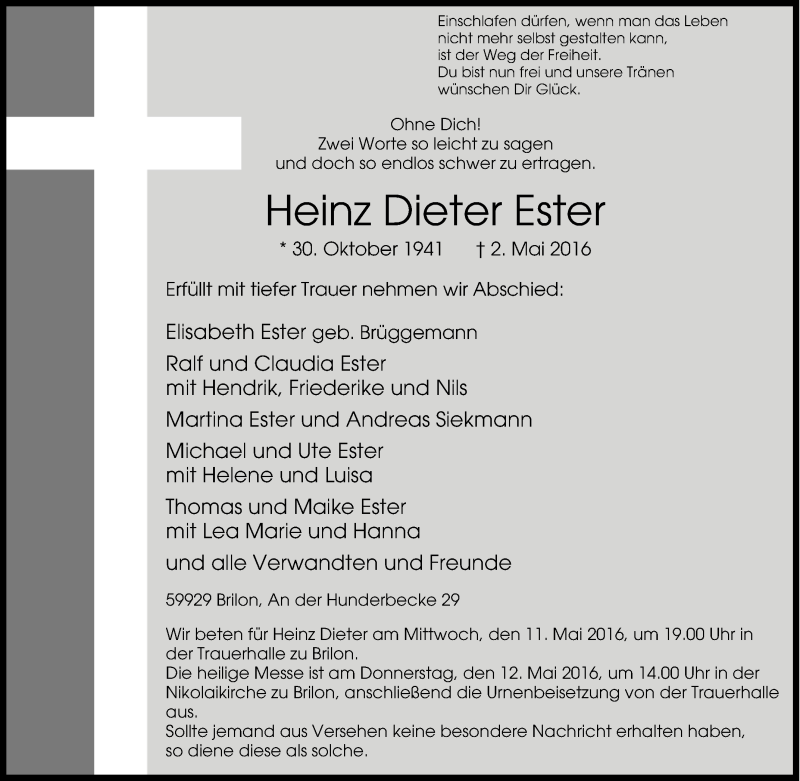  Traueranzeige für Heinz Dieter  Ester vom 07.05.2016 aus Tageszeitung