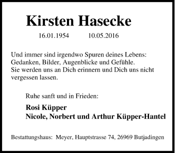 Traueranzeige von Kirsten Hasecke von Tageszeitung