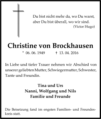 Traueranzeige von Christine von Brockhausen von Tageszeitung