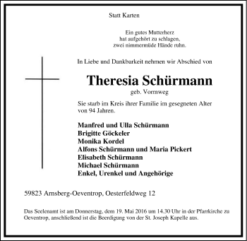 Traueranzeige von Theresia  Schürmann von Tageszeitung