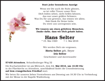 Traueranzeige von Hans Selter von Tageszeitung