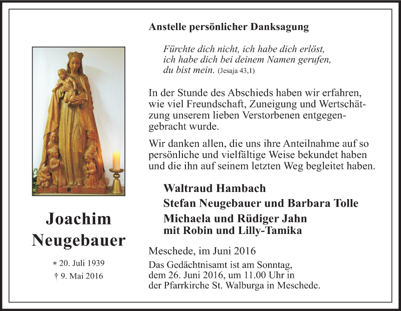  Traueranzeige für Joachim Neugebauer vom 20.06.2016 aus Tageszeitung