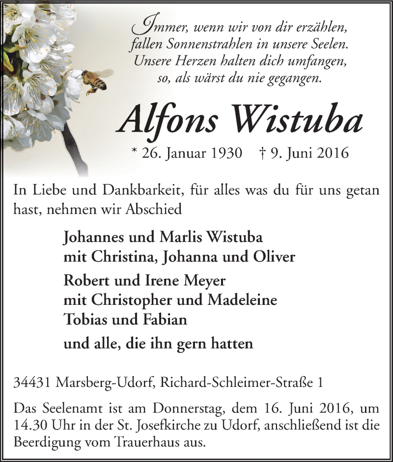  Traueranzeige für Alfons Wistuba vom 11.06.2016 aus Tageszeitung