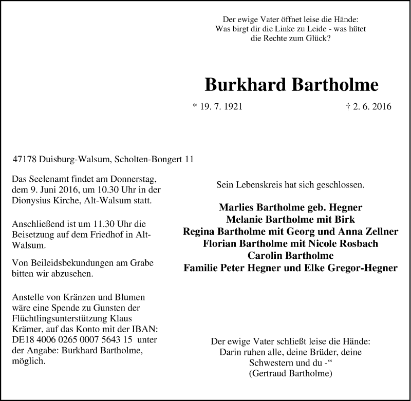  Traueranzeige für Burkhard Bartholme vom 06.06.2016 aus Tageszeitung