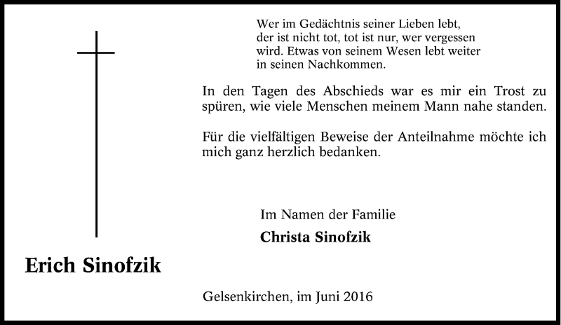  Traueranzeige für Erich Sinofzik vom 09.06.2016 aus Tageszeitung