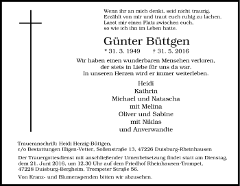 Traueranzeige von Günter Büttgen von Tageszeitung