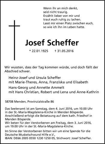 Traueranzeige von Josef Scheffer von Tageszeitung