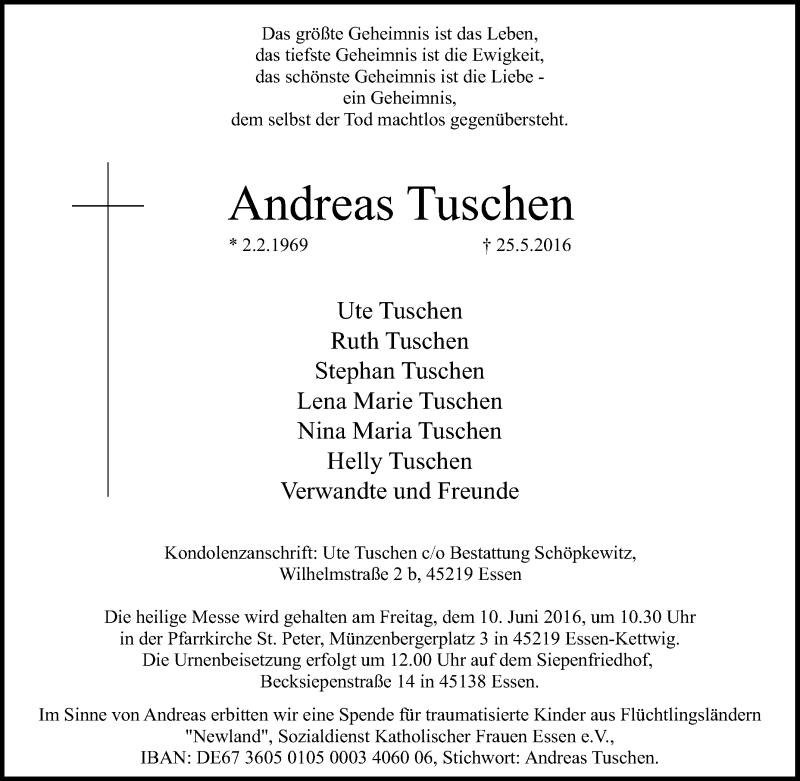  Traueranzeige für Andreas Tuschen vom 04.06.2016 aus Tageszeitung